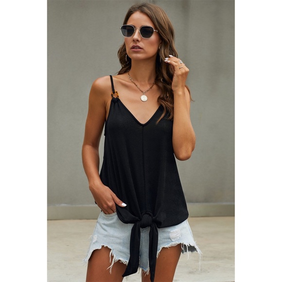 Black Quicksand Spaghetti Strap Tank Top with Tie Detailing - Picture 6 of 9